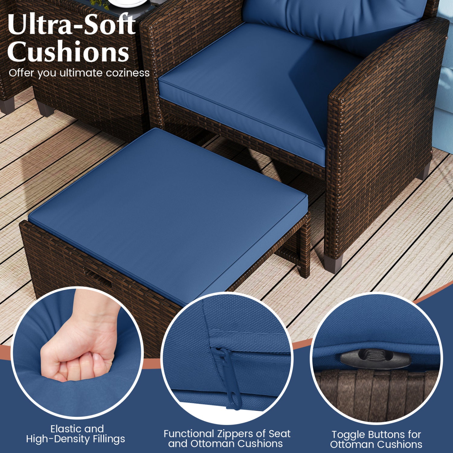 5 Pieces Patio Rattan Furniture with 2 Ottomans and Tempered Glass Coffee Table, Navy Patio Conversation Sets at Gallery Canada