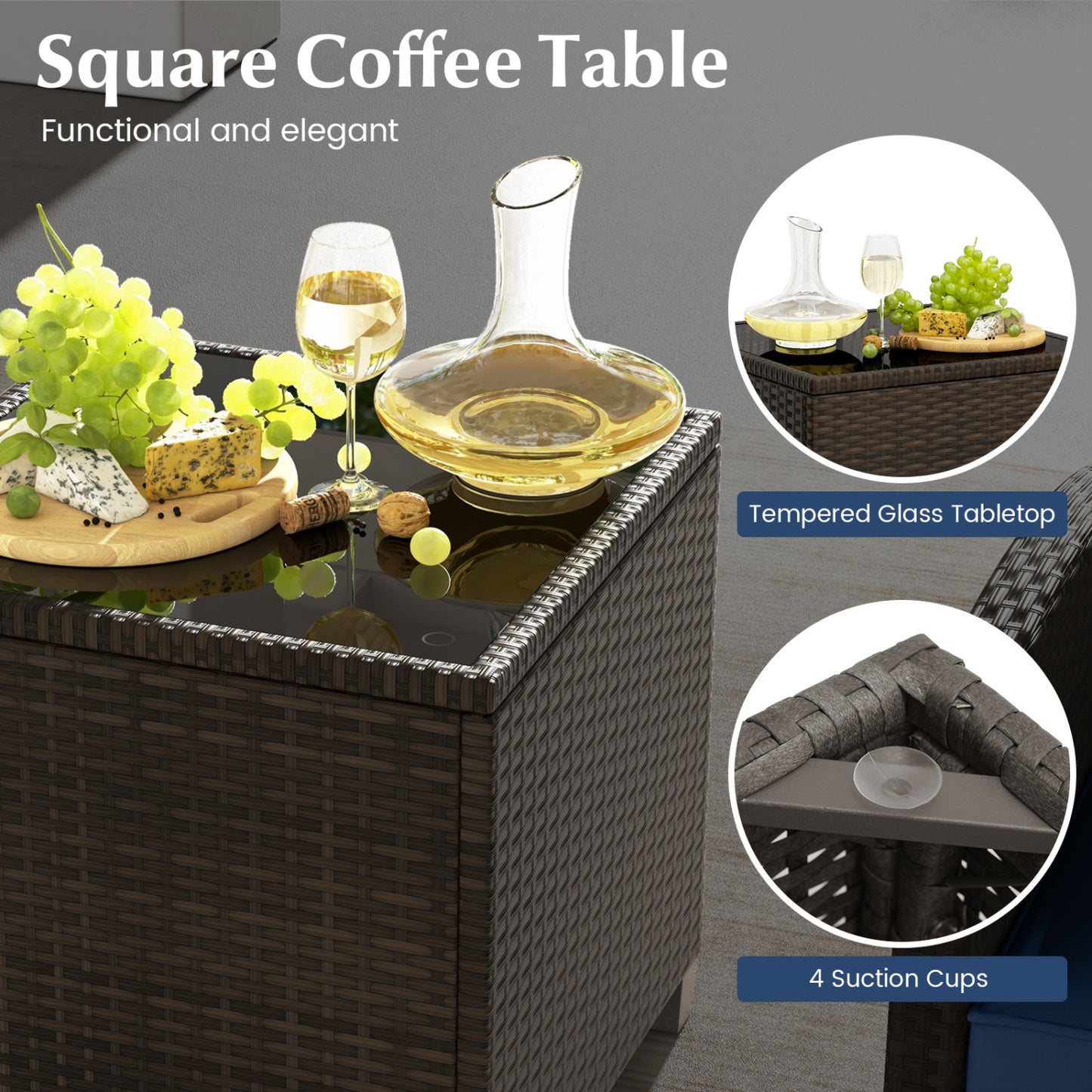5 Pieces Patio Rattan Furniture with 2 Ottomans and Tempered Glass Coffee Table, Navy Patio Conversation Sets at Gallery Canada
