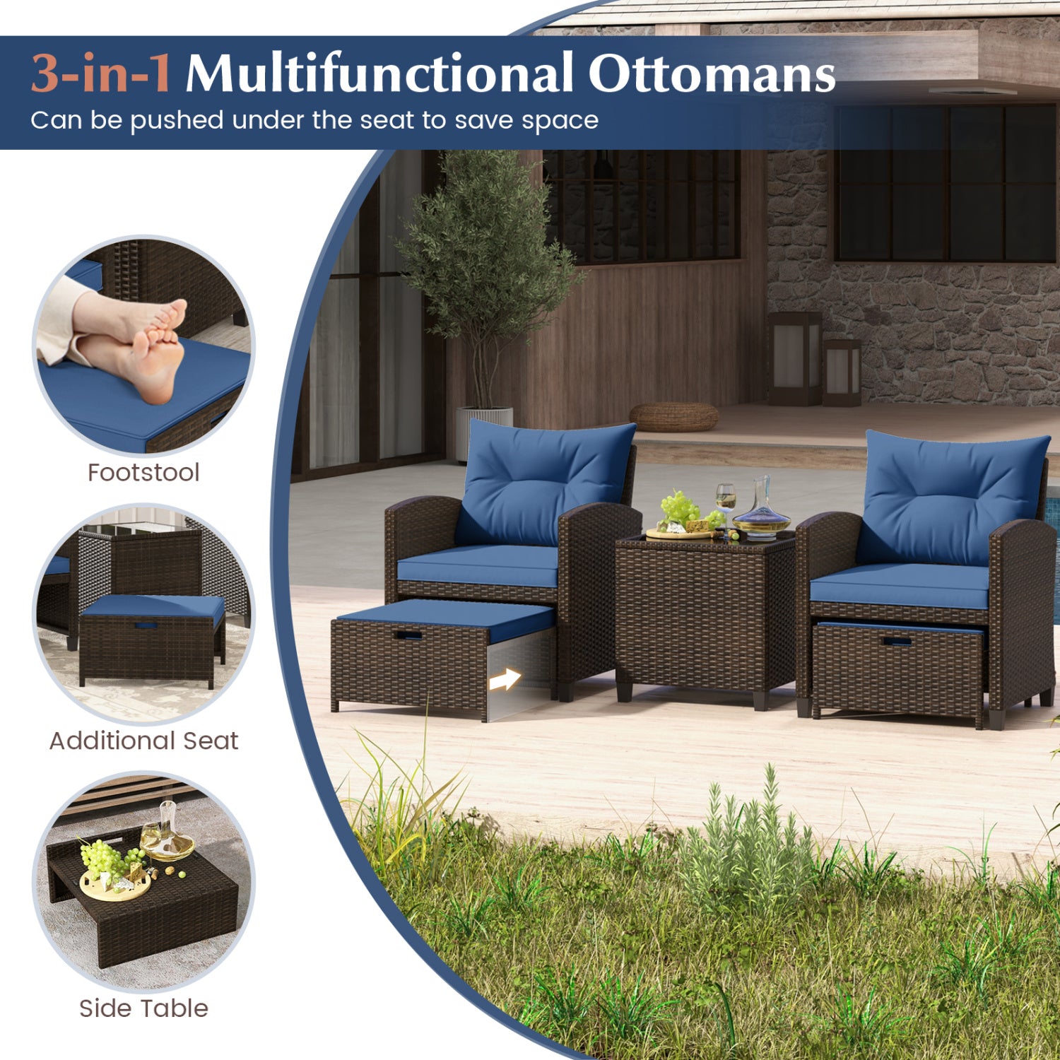 5 Pieces Patio Rattan Furniture with 2 Ottomans and Tempered Glass Coffee Table, Navy Patio Conversation Sets at Gallery Canada