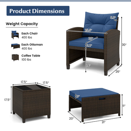5 Pieces Patio Rattan Furniture with 2 Ottomans and Tempered Glass Coffee Table, Navy Patio Conversation Sets at Gallery Canada