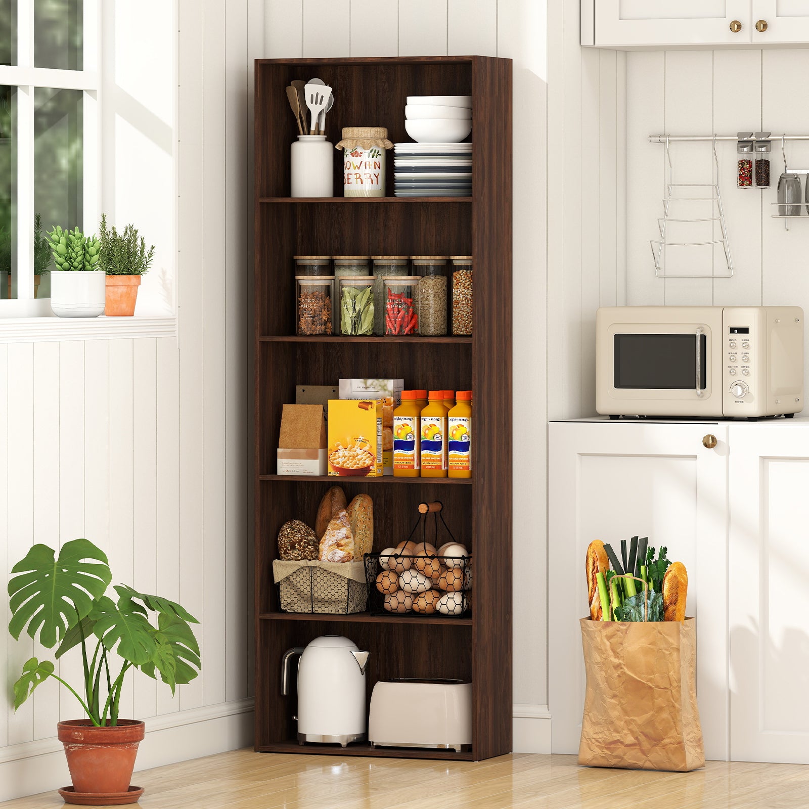 5-Shelf Storage Bookcase Modern Multi-Functional Display Cabinet Furniture, Walnut Bookcases at Gallery Canada
