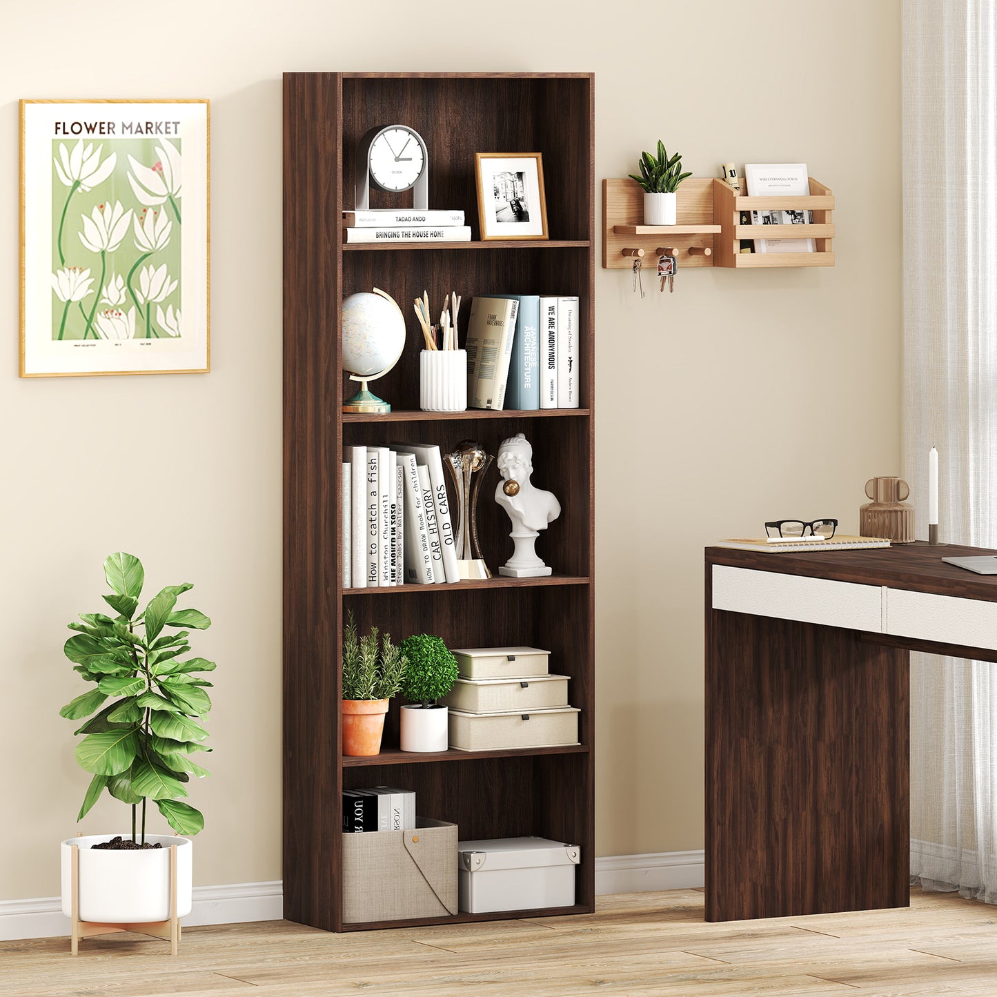 5-Shelf Storage Bookcase Modern Multi-Functional Display Cabinet Furniture, Walnut Bookcases at Gallery Canada