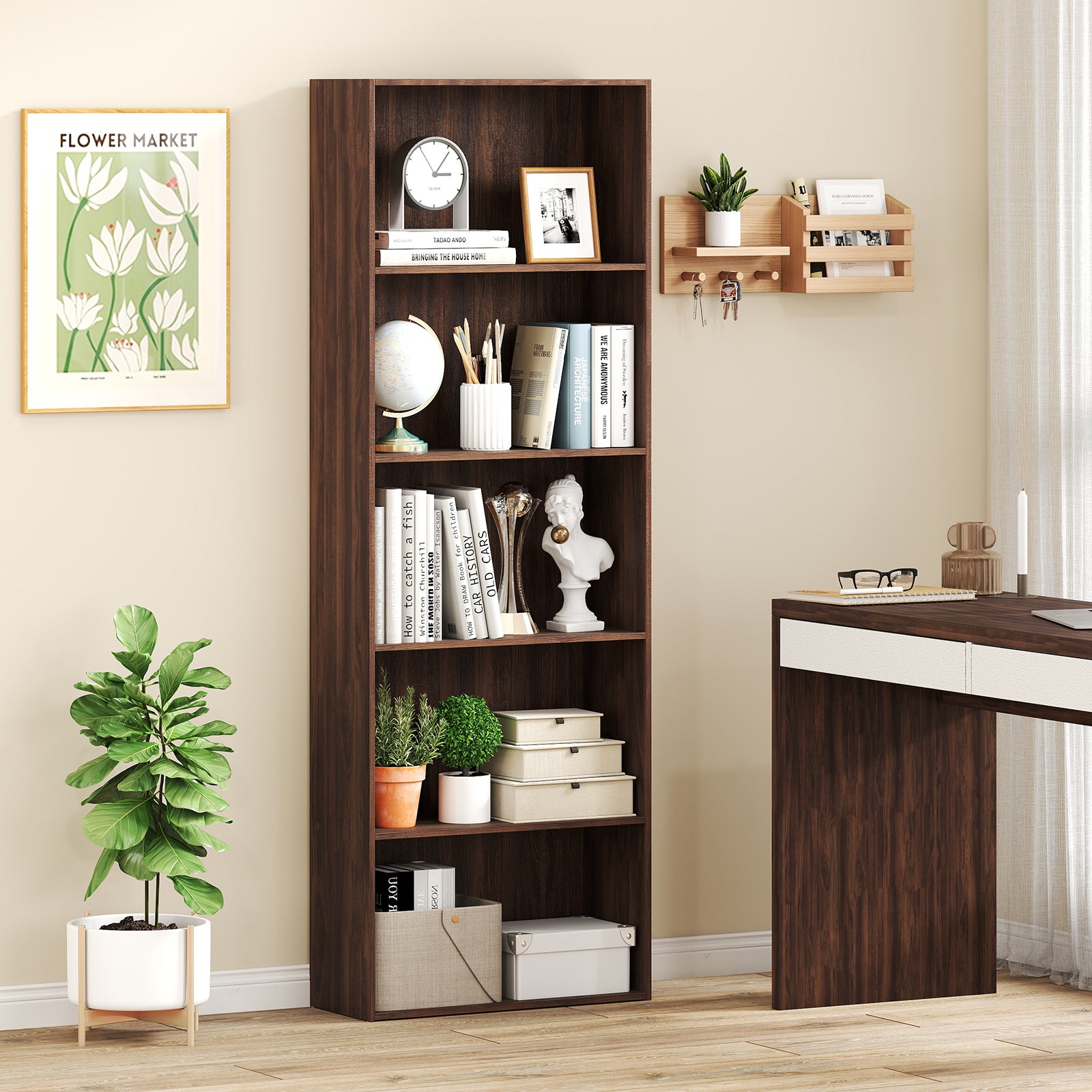 5-Shelf Storage Bookcase Modern Multi-Functional Display Cabinet Furniture, Walnut Bookcases at Gallery Canada