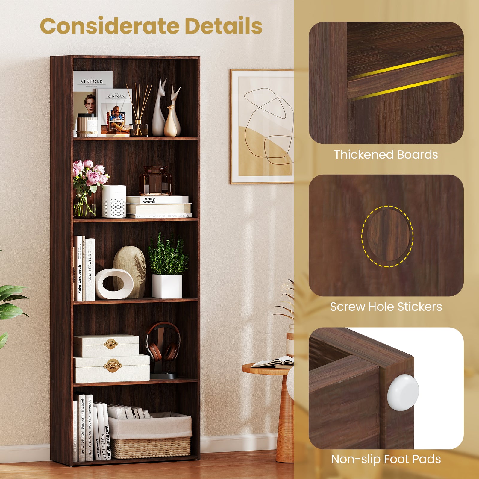 5-Shelf Storage Bookcase Modern Multi-Functional Display Cabinet Furniture, Walnut Bookcases at Gallery Canada