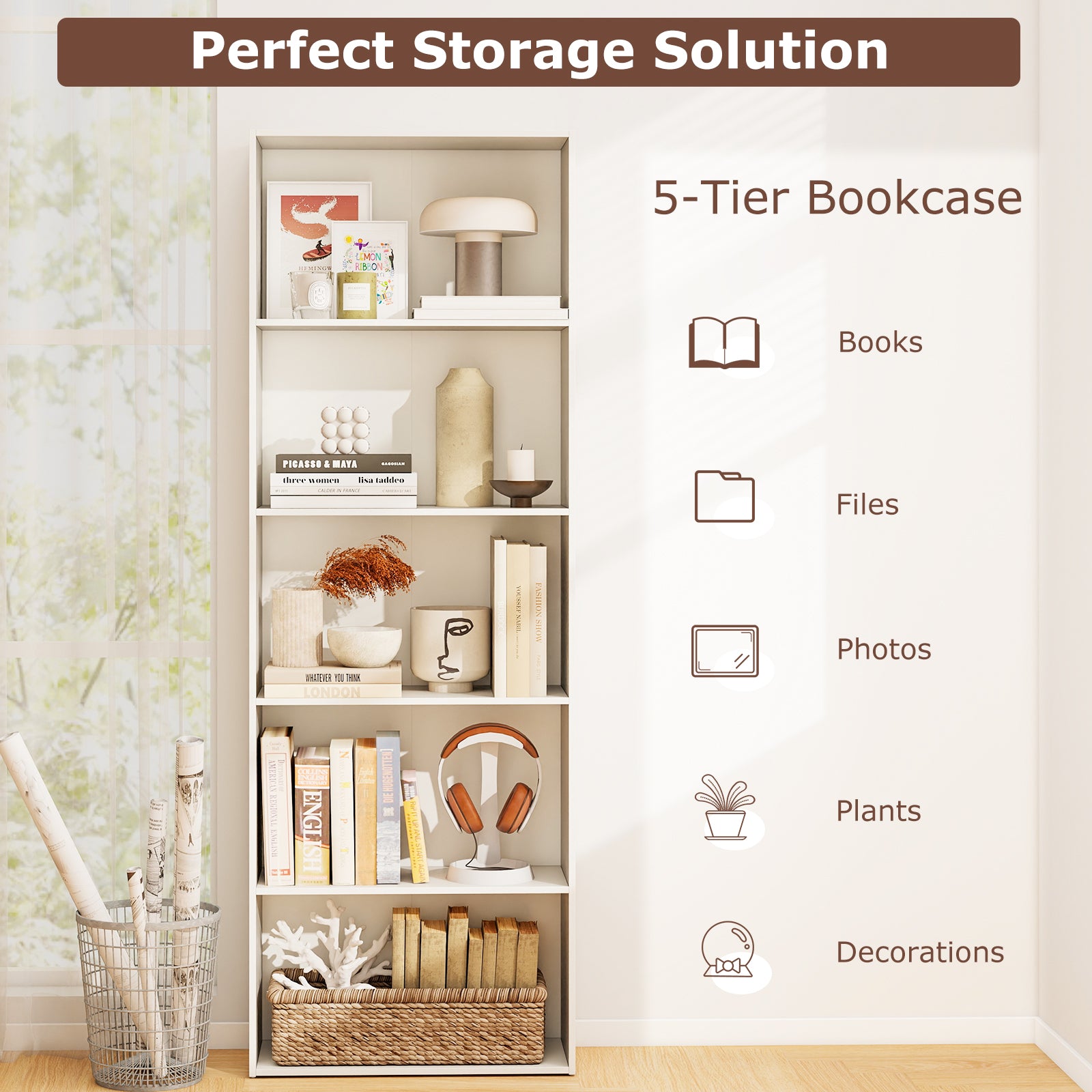 5-Shelf Storage Bookcase Modern Multi-Functional Display Cabinet, White Bookcases at Gallery Canada