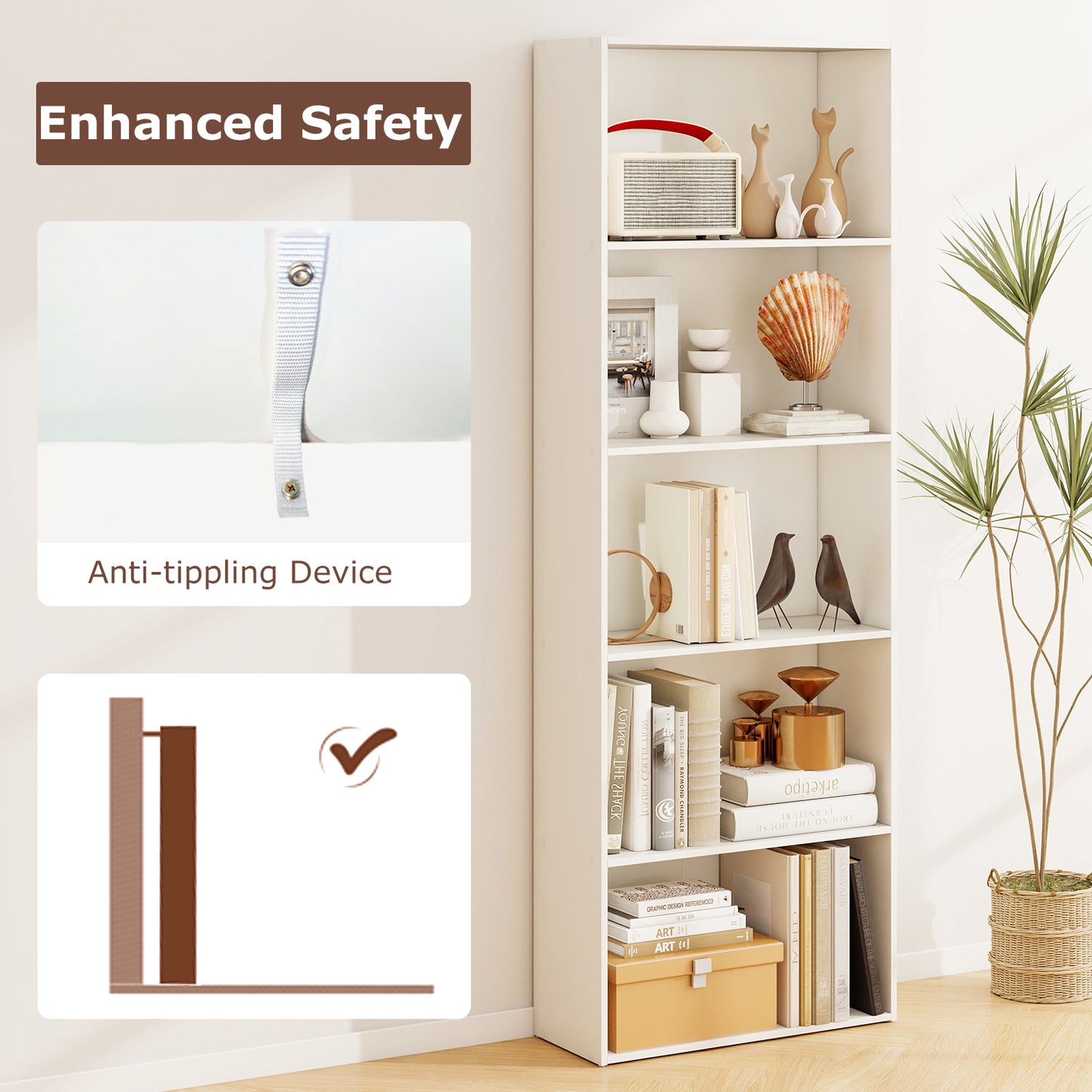 5-Shelf Storage Bookcase Modern Multi-Functional Display Cabinet, White Bookcases at Gallery Canada