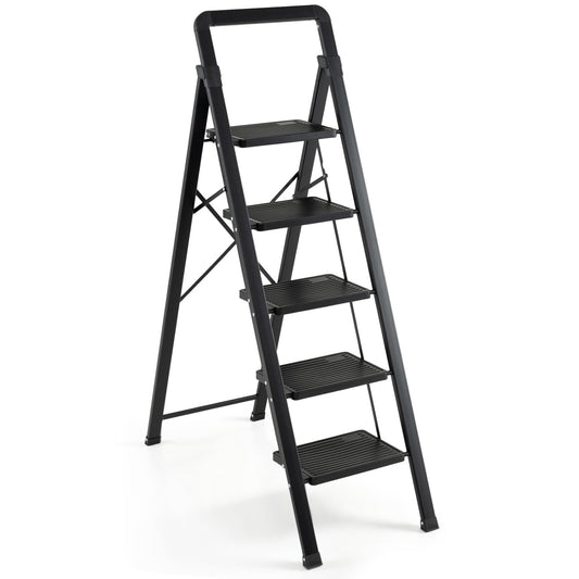 5 Step Folding Step Stool, Wide Anti-slip Pedals, Black Ladders Options at Gallery Canada