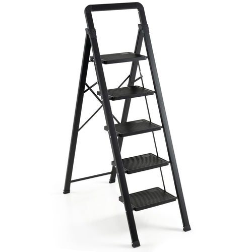 5 Step Folding Step Stool, Wide Anti-slip Pedals, Black