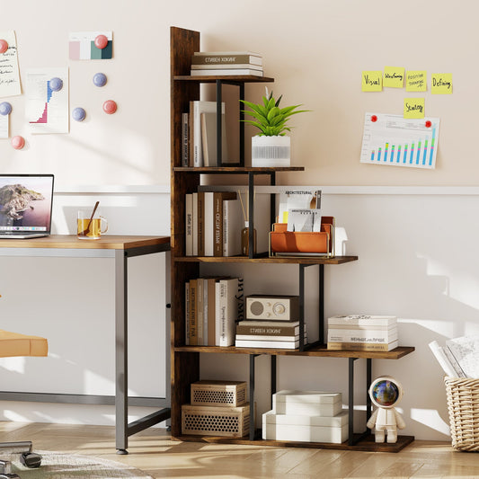5-Tier 62 Inch Tall Stepped Bookshelf, Rustic Brown Bookcases Rustic Brown at Gallery Canada
