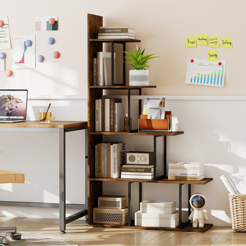 5-Tier 62 Inch Tall Stepped Bookshelf, Rustic Brown