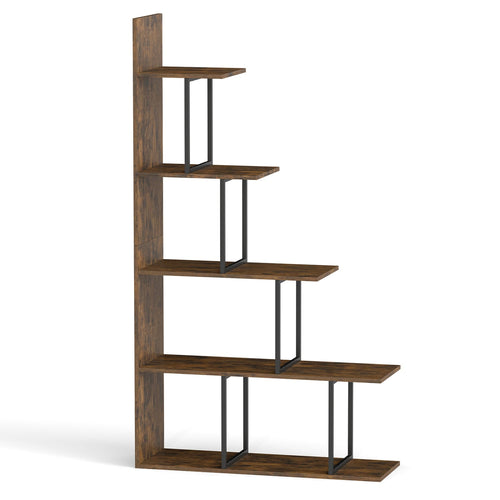 5-Tier 62 Inch Tall Stepped Bookshelf, Rustic Brown