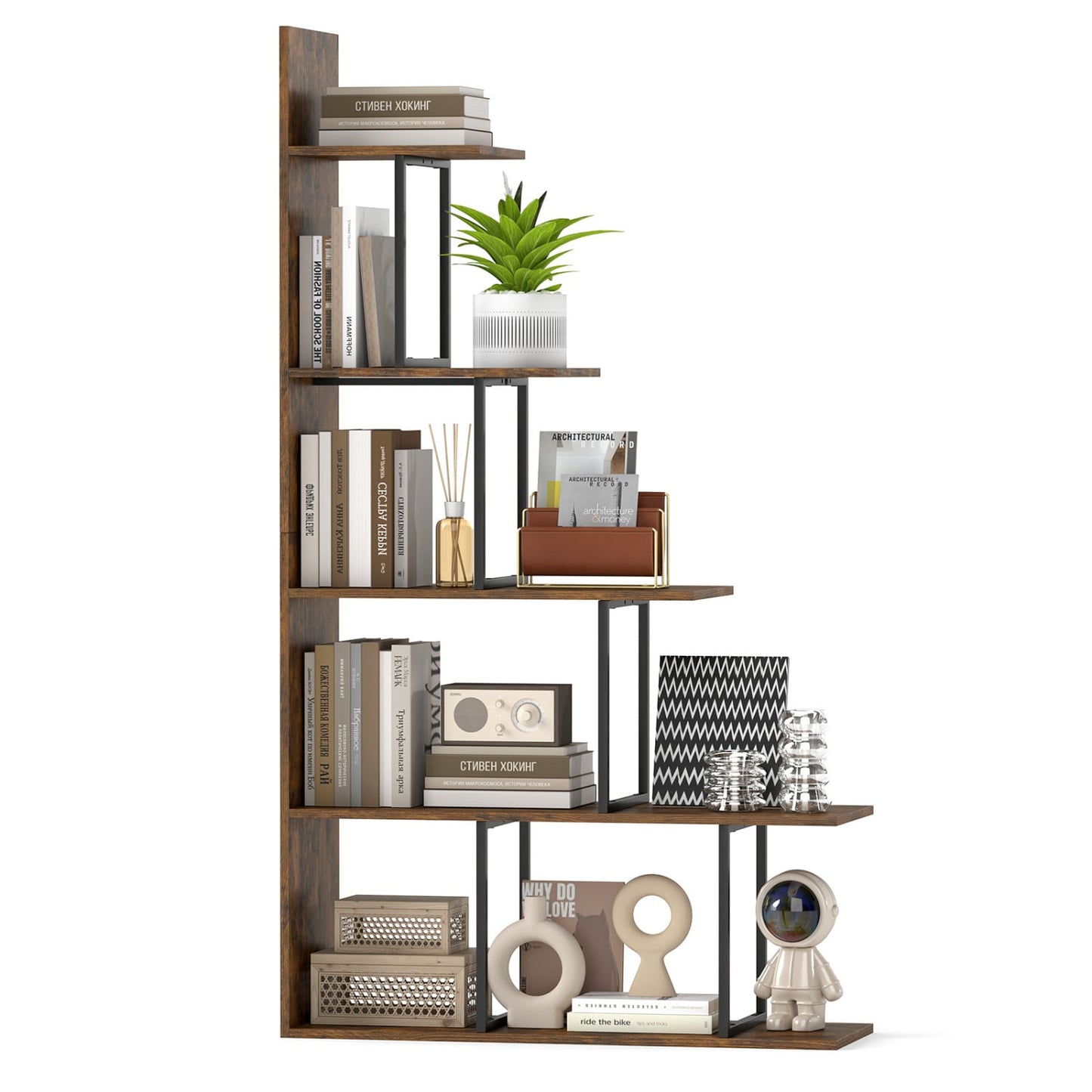 5-Tier 62 Inch Tall Stepped Bookshelf, Rustic Brown