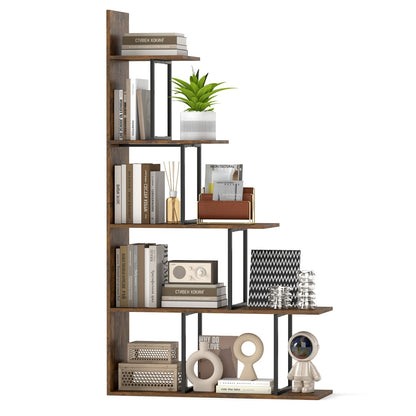 5-Tier 62 Inch Tall Stepped Bookshelf, Rustic Brown