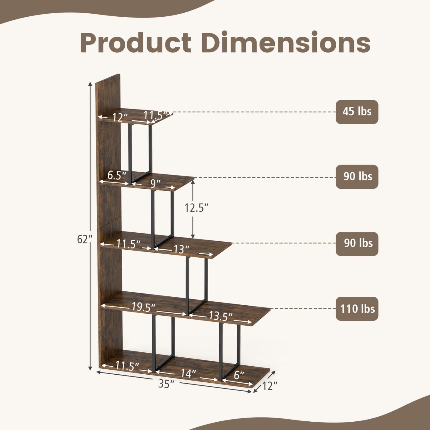 5-Tier 62 Inch Tall Stepped Bookshelf, Rustic Brown