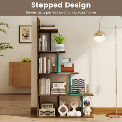 5-Tier 62 Inch Tall Stepped Bookshelf, Rustic Brown