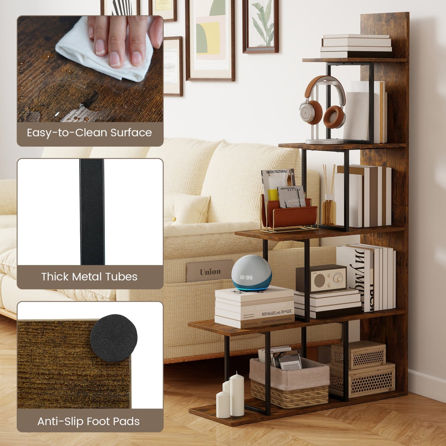 5-Tier 62 Inch Tall Stepped Bookshelf, Rustic Brown