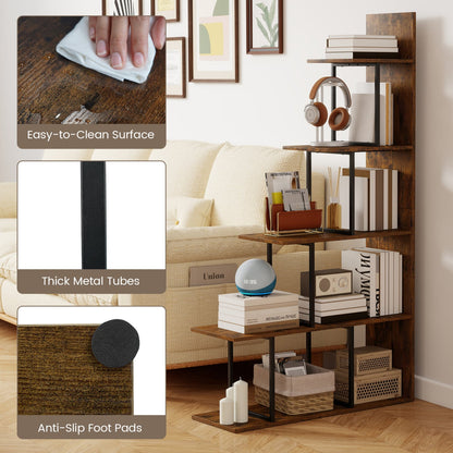 5-Tier 62 Inch Tall Stepped Bookshelf, Rustic Brown