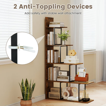 5-Tier 62 Inch Tall Stepped Bookshelf, Rustic Brown