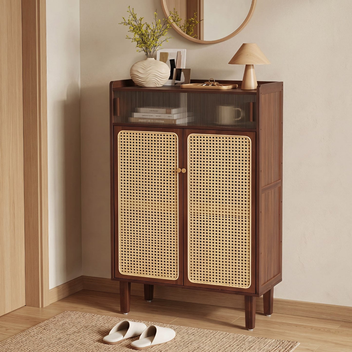 5-Tier Bamboo Shoe Cabinet, Woven Rattan Doors, Walnut