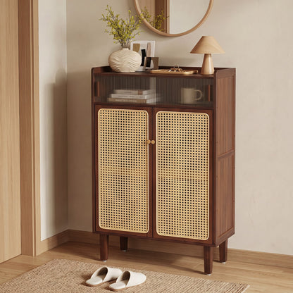 5-Tier Bamboo Shoe Cabinet, Woven Rattan Doors, Walnut