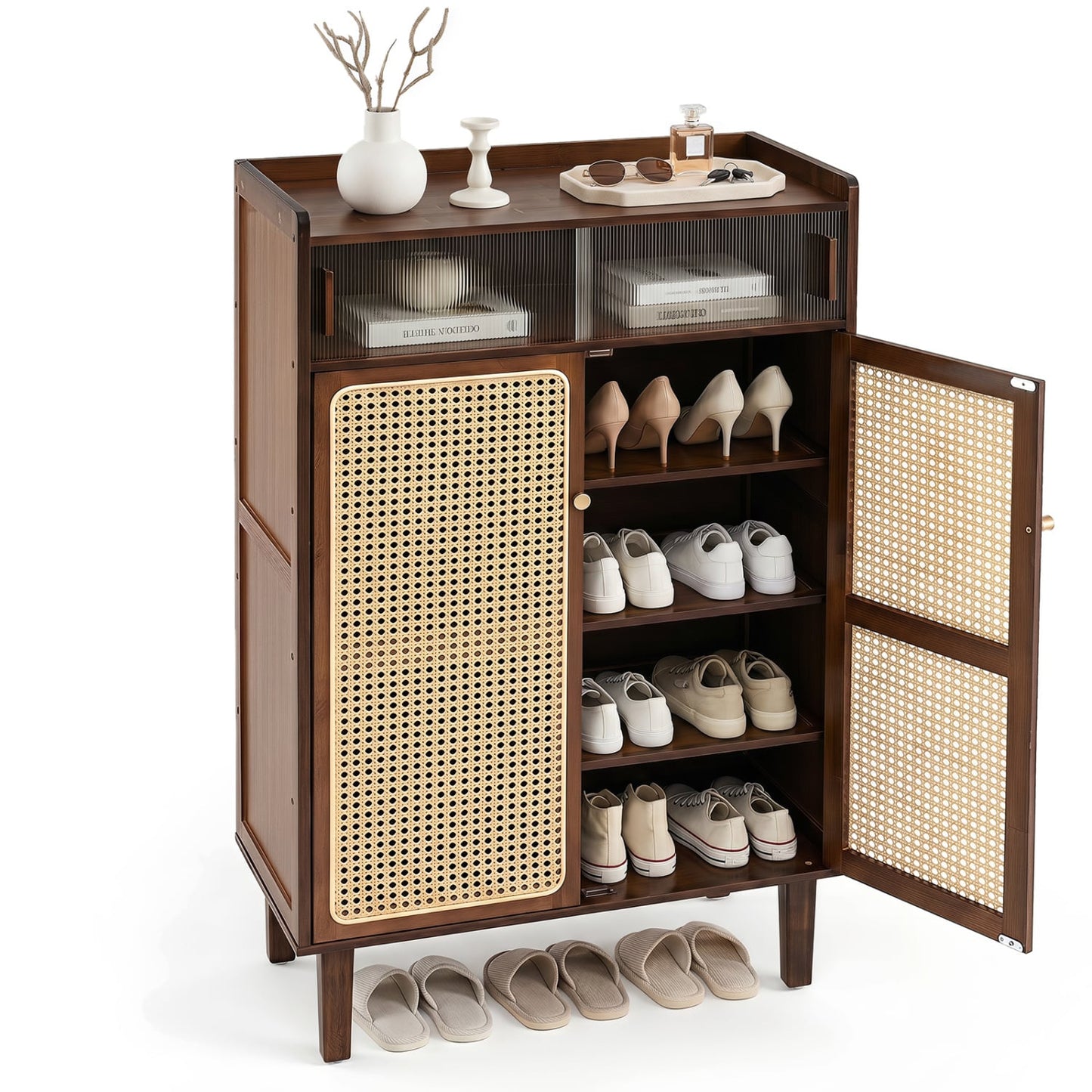 5-Tier Bamboo Shoe Cabinet, Woven Rattan Doors, Walnut