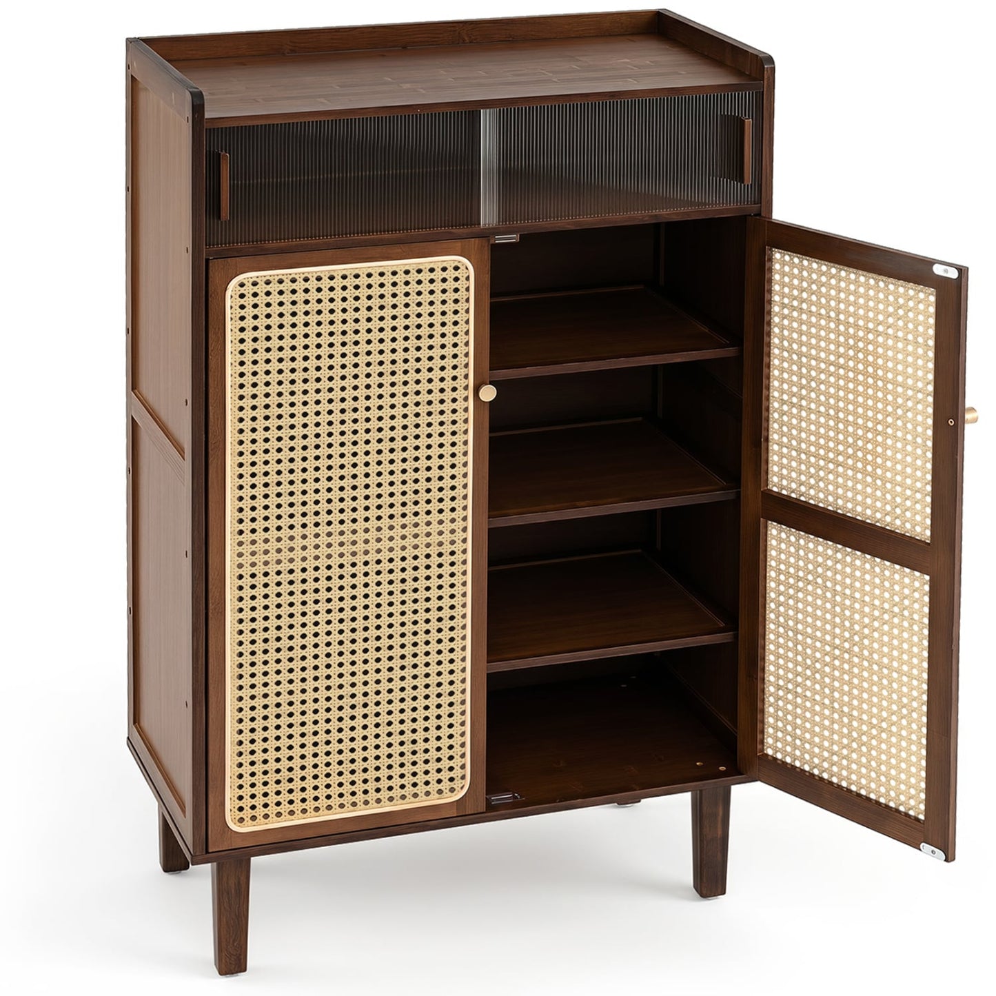 5-Tier Bamboo Shoe Cabinet, Woven Rattan Doors, Walnut