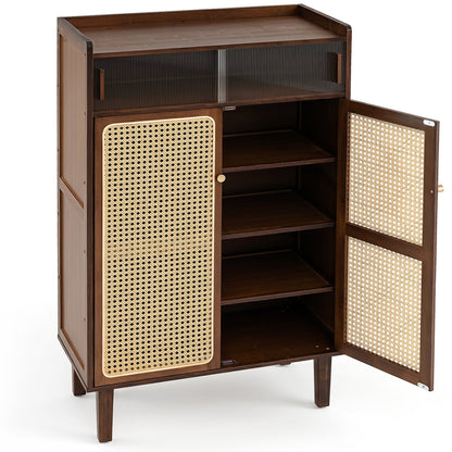 5-Tier Bamboo Shoe Cabinet, Woven Rattan Doors, Walnut