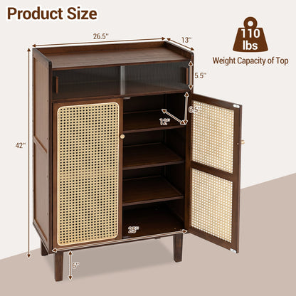 5-Tier Bamboo Shoe Cabinet, Woven Rattan Doors, Walnut