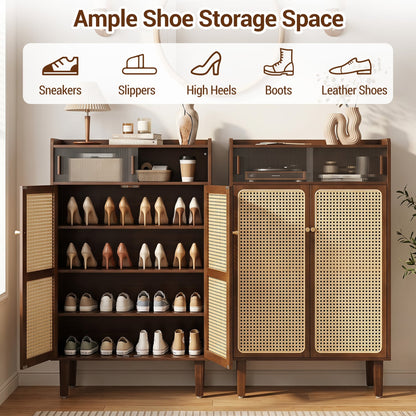 5-Tier Bamboo Shoe Cabinet, Woven Rattan Doors, Walnut