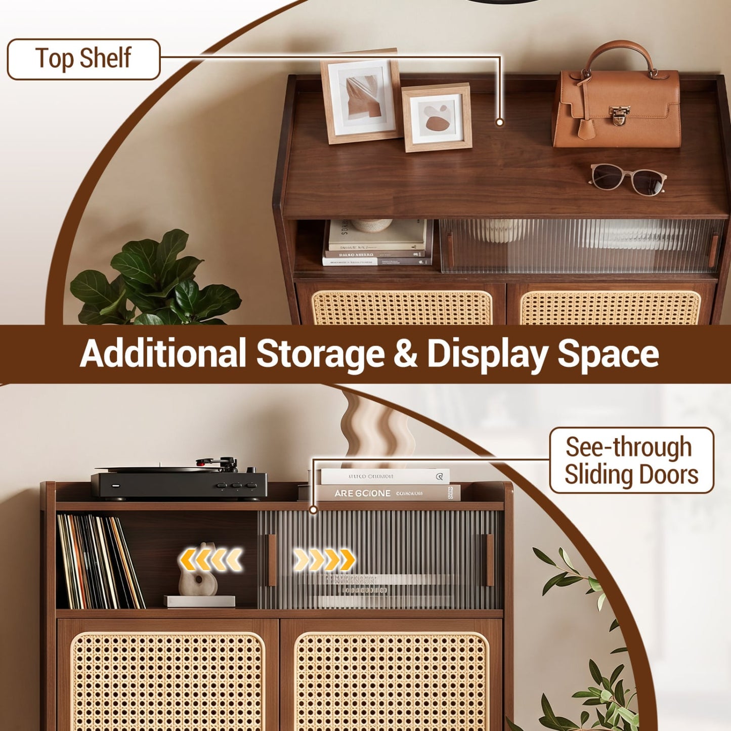 5-Tier Bamboo Shoe Cabinet, Woven Rattan Doors, Walnut