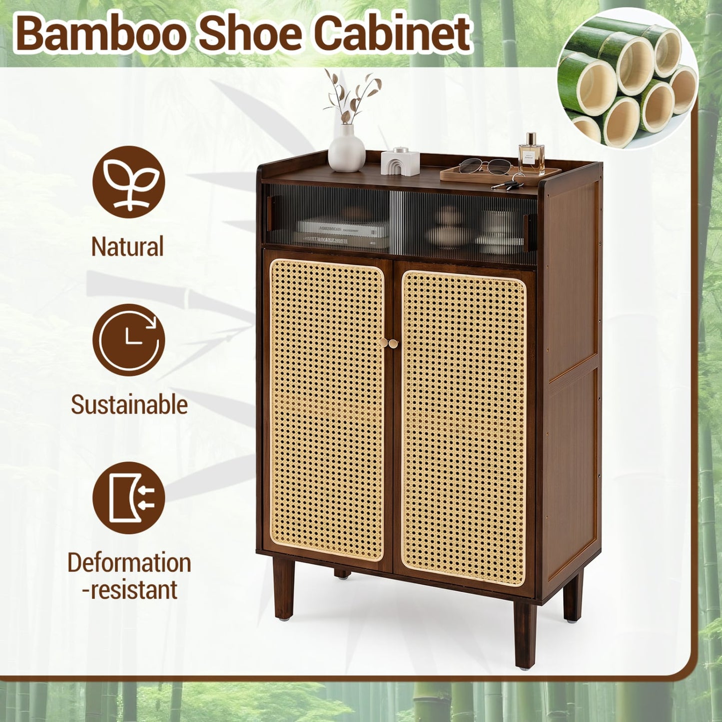 5-Tier Bamboo Shoe Cabinet, Woven Rattan Doors, Walnut