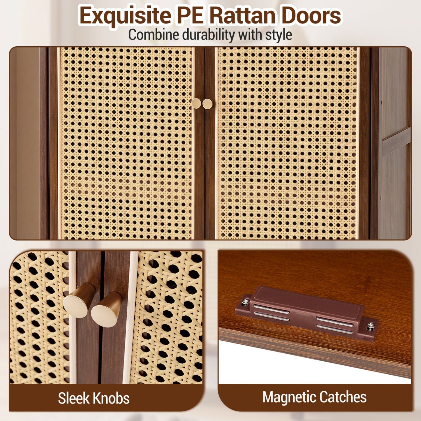 5-Tier Bamboo Shoe Cabinet, Woven Rattan Doors, Walnut