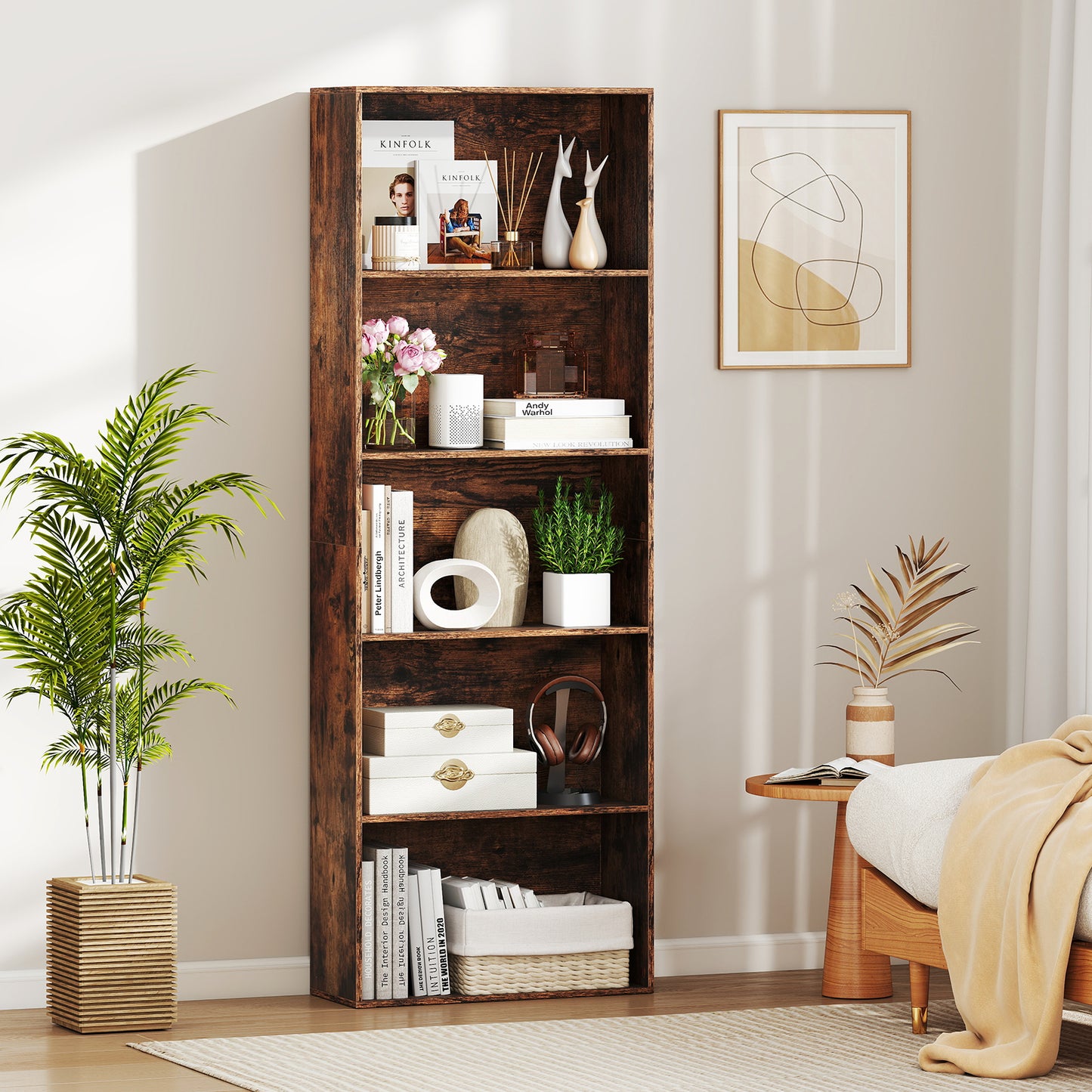 5-Tier Bookshelf Open Bookcase Freestanding Display Shelf Storage Organizer, Rustic Brown Bookcases at Gallery Canada