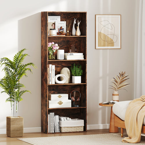 5-Tier Bookshelf Open Bookcase Freestanding Display Shelf Storage Organizer, Rustic Brown
