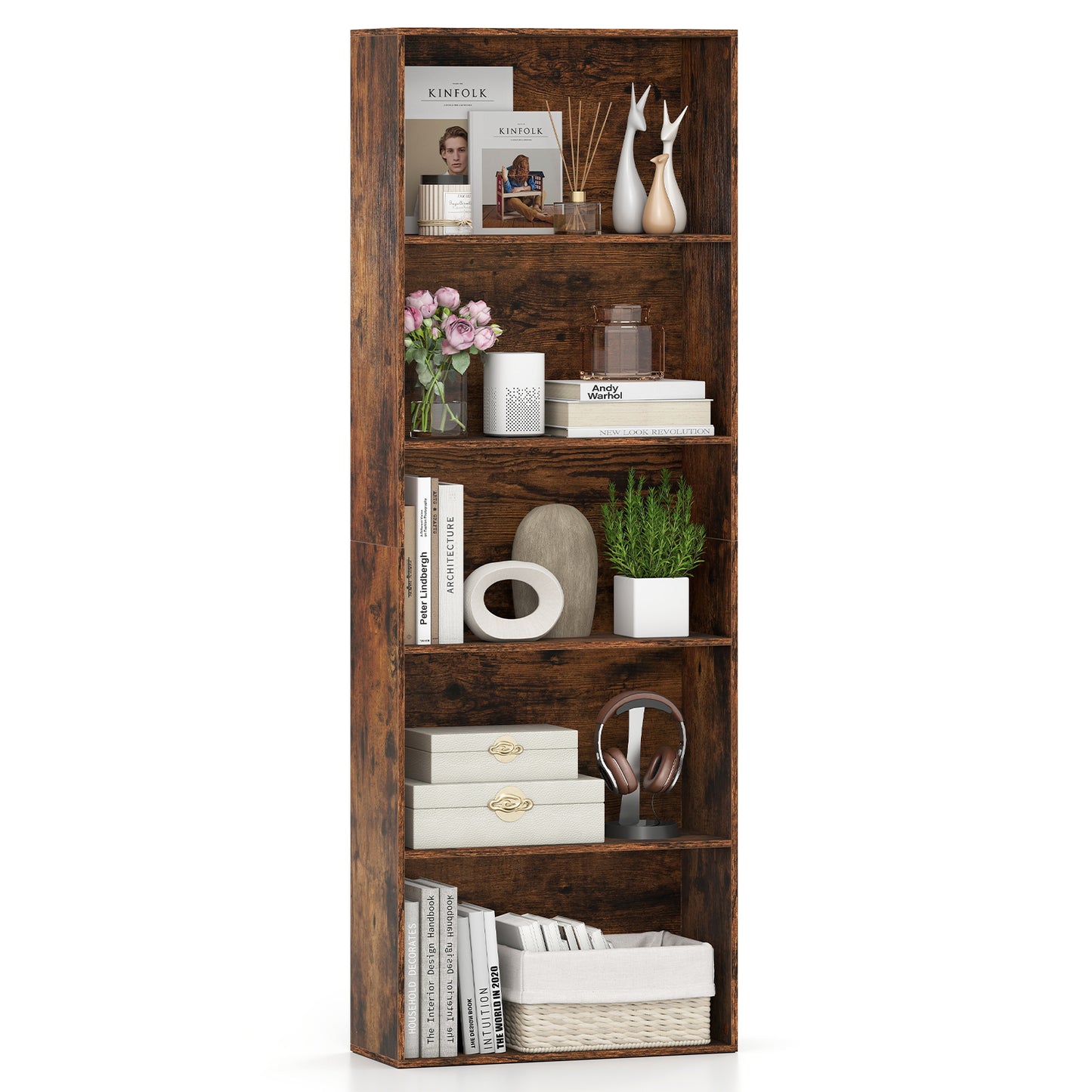 5-Tier Bookshelf Open Bookcase Freestanding Display Shelf Storage Organizer, Rustic Brown Bookcases Rustic Brown at Gallery Canada