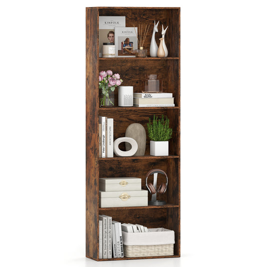 5-Tier Bookshelf Open Bookcase Freestanding Display Shelf Storage Organizer, Rustic Brown