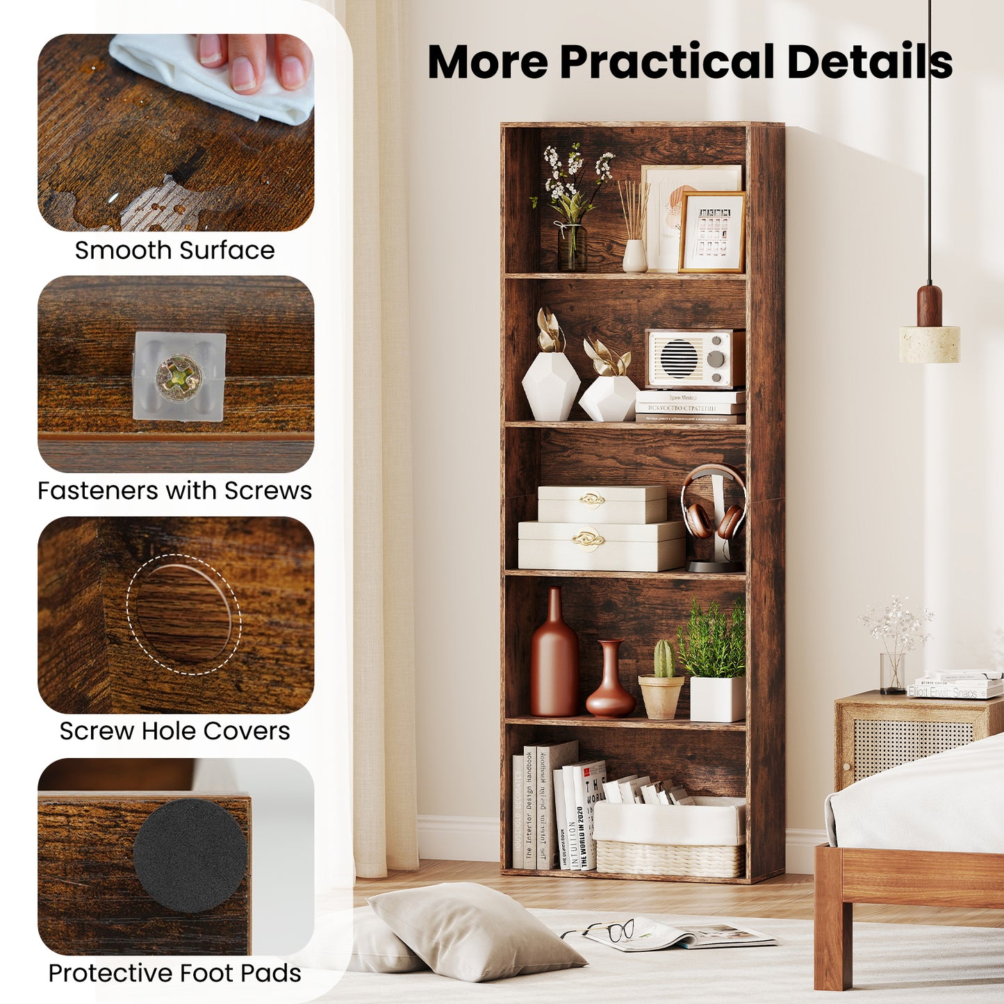 5-Tier Bookshelf Open Bookcase Freestanding Display Shelf Storage Organizer, Rustic Brown Bookcases at Gallery Canada