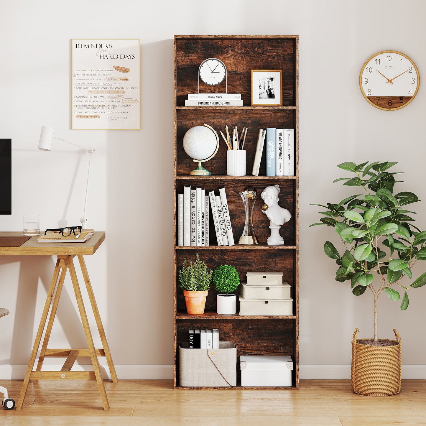 5-Tier Bookshelf Open Bookcase Freestanding Display Shelf Storage Organizer, Rustic Brown Bookcases at Gallery Canada