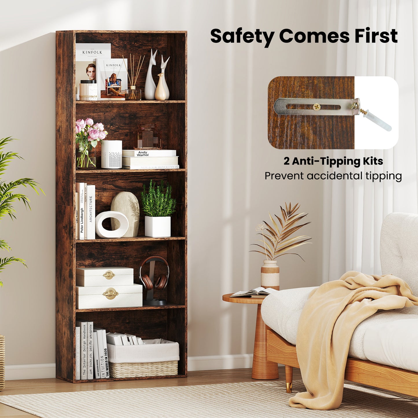 5-Tier Bookshelf Open Bookcase Freestanding Display Shelf Storage Organizer, Rustic Brown Bookcases at Gallery Canada