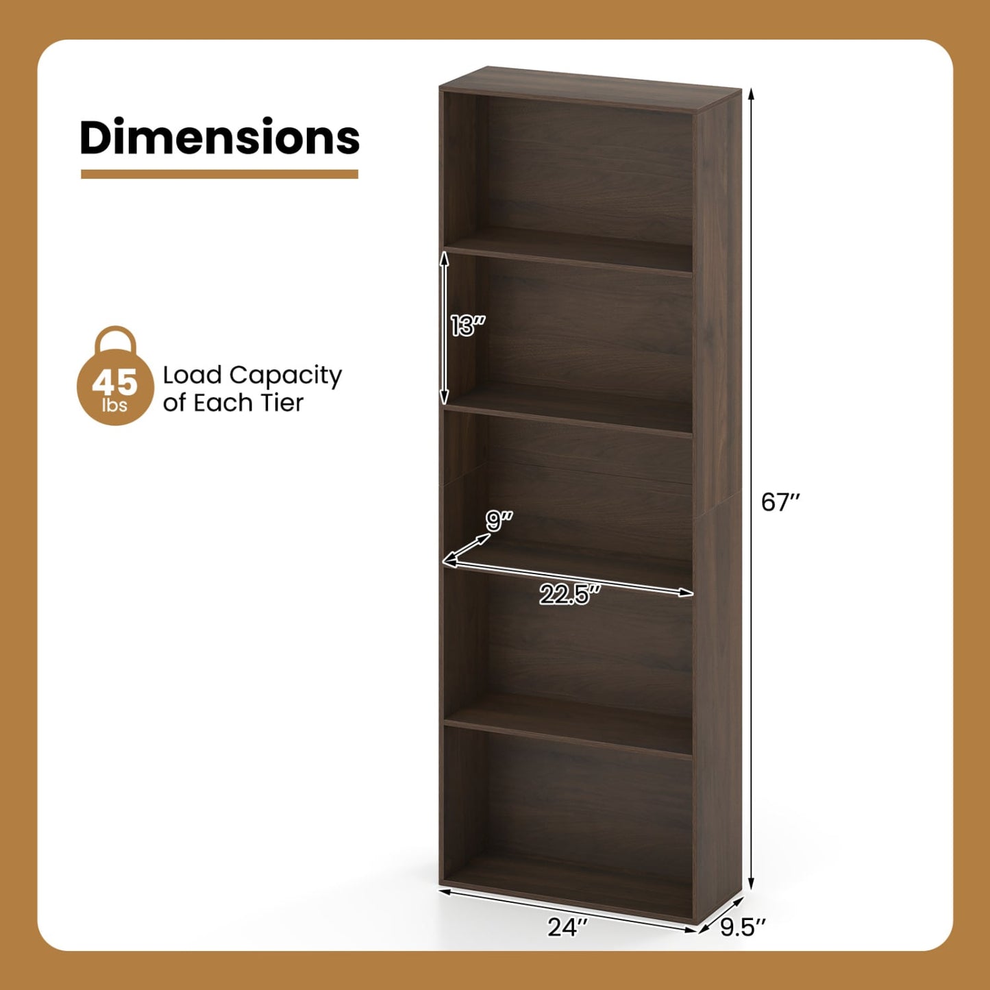 5-Tier Bookshelf Open Bookcase, Dark Walnut