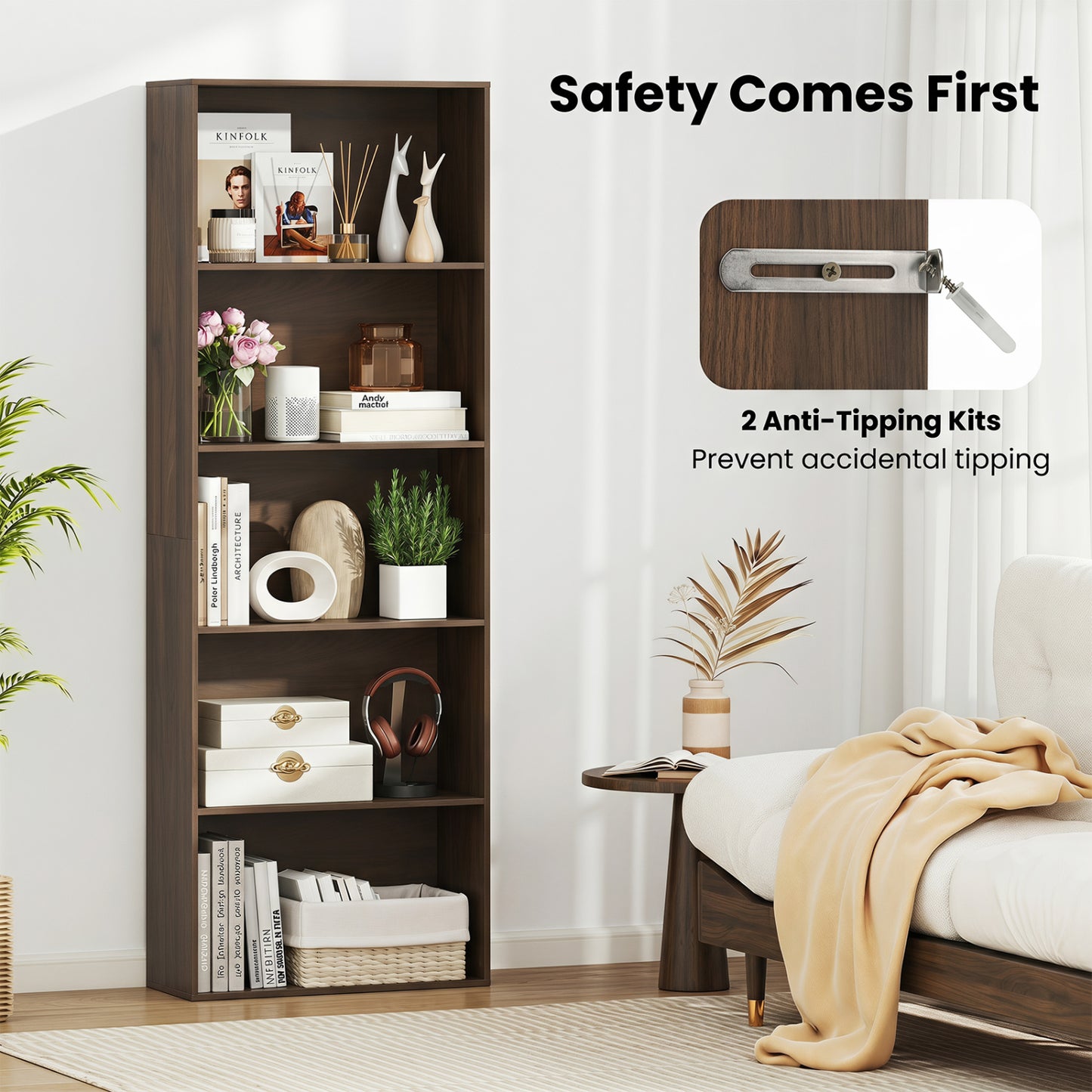5-Tier Bookshelf Open Bookcase, Dark Walnut