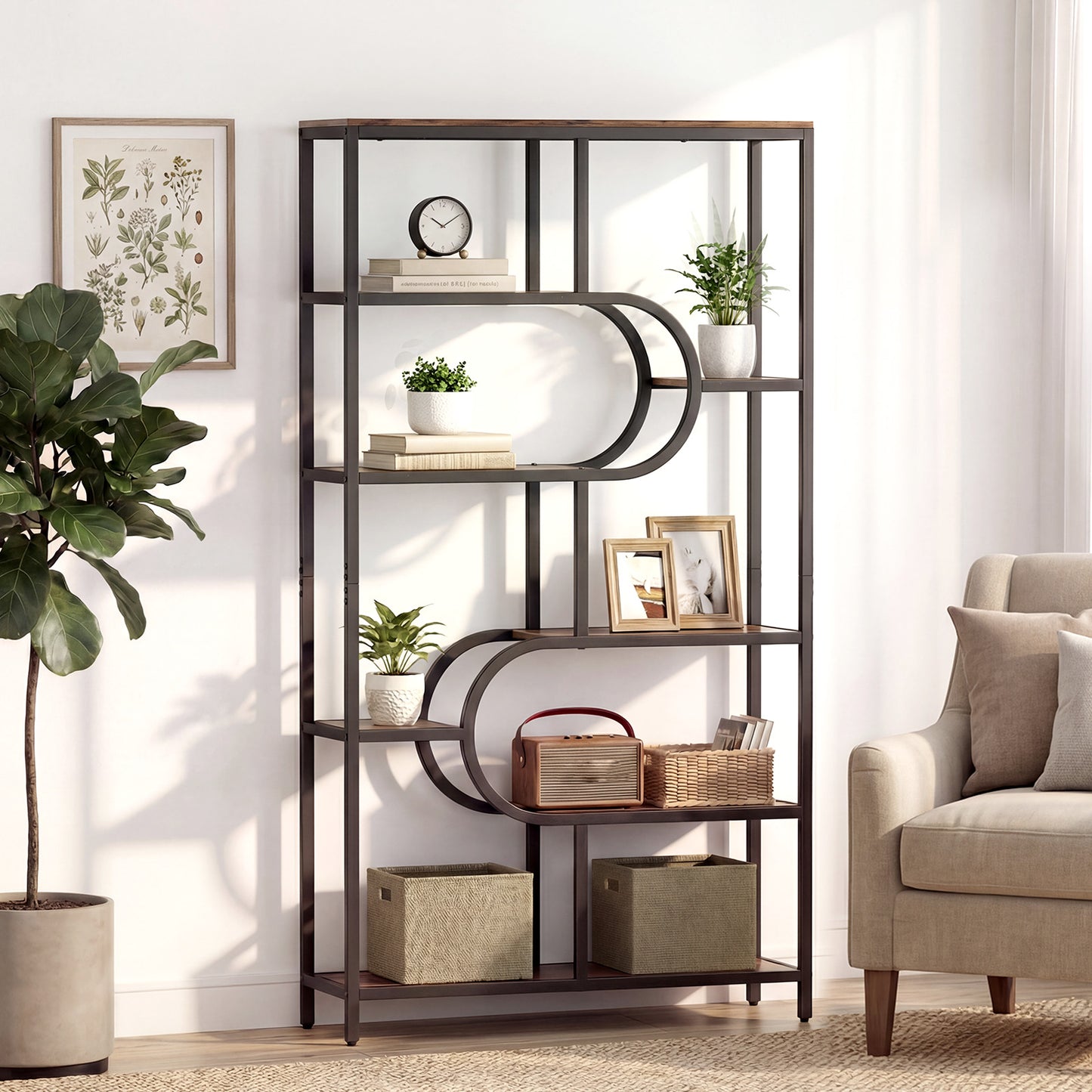 5-Tier Tall Bookcase, U Shape, Rustic Brown Bookcases at Gallery Canada