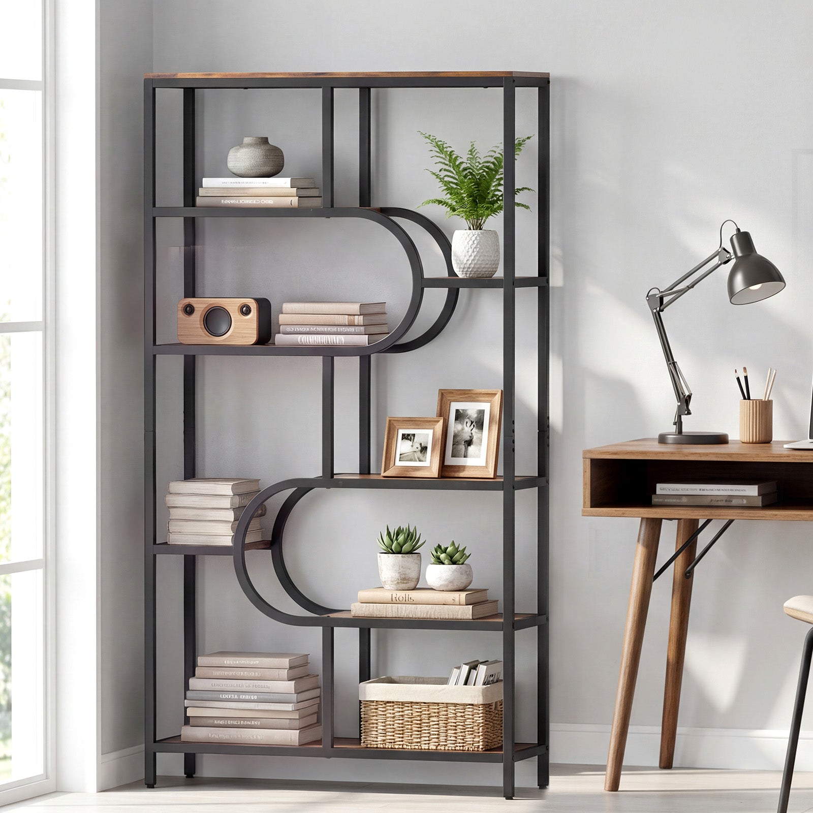 5-Tier Tall Bookcase, U Shape, Rustic Brown Bookcases at Gallery Canada