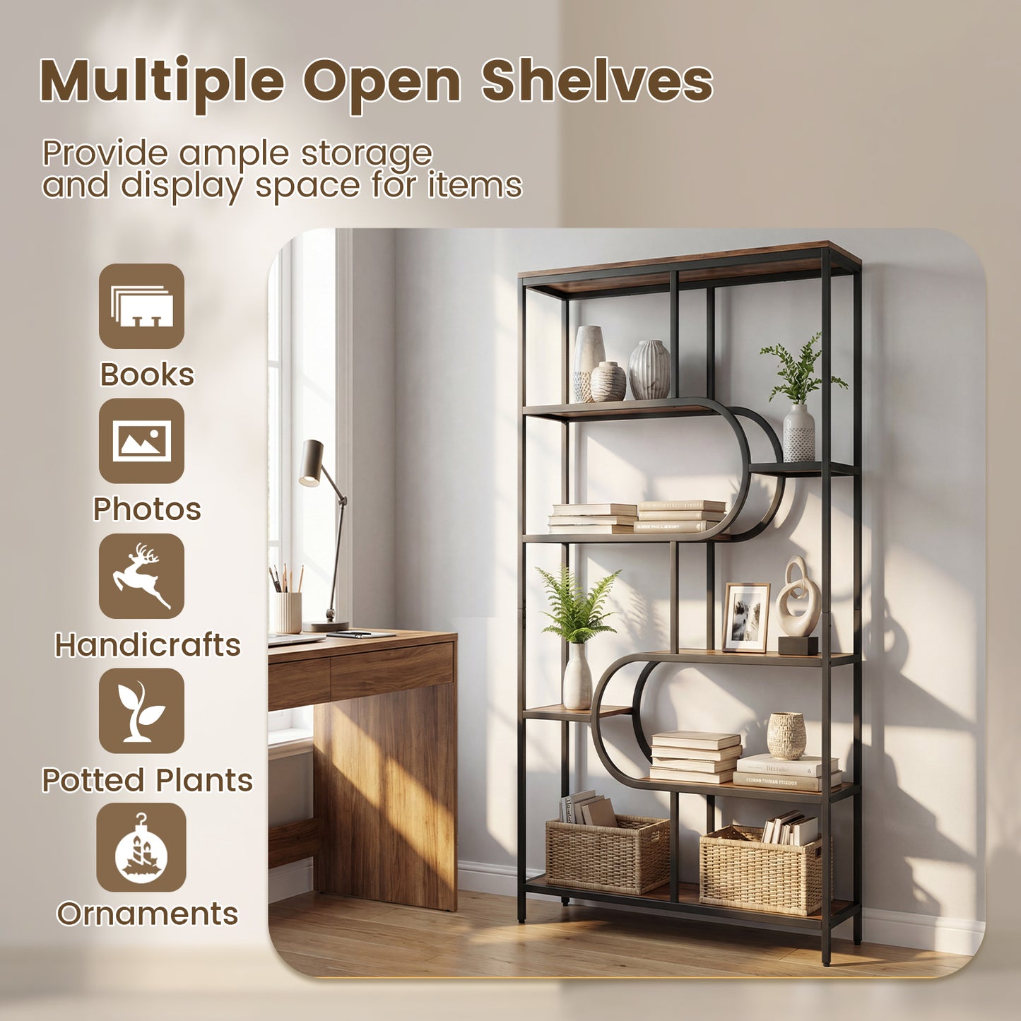 5-Tier Tall Bookcase, U Shape, Rustic Brown Bookcases at Gallery Canada