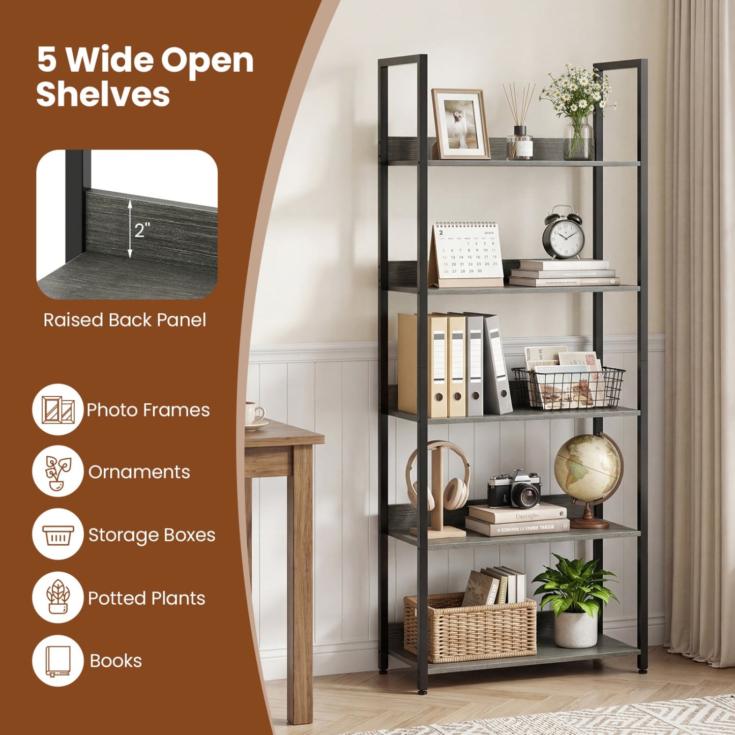 5-Tier Wooden Bookcase with Back Panels, Oak Bookcases at Gallery Canada