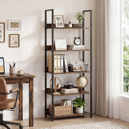 5-Tier Tall Wooden Bookcase with Back Panels, Rustic Brown Bookcases at Gallery Canada