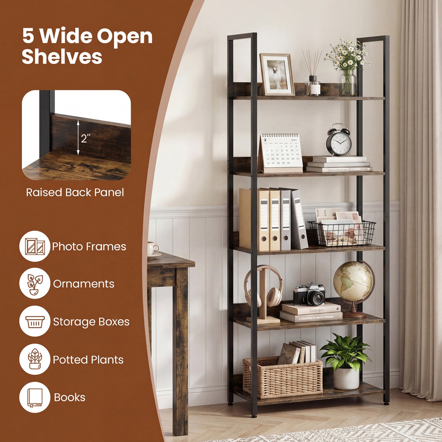 5-Tier Tall Wooden Bookcase with Back Panels, Rustic Brown Bookcases at Gallery Canada