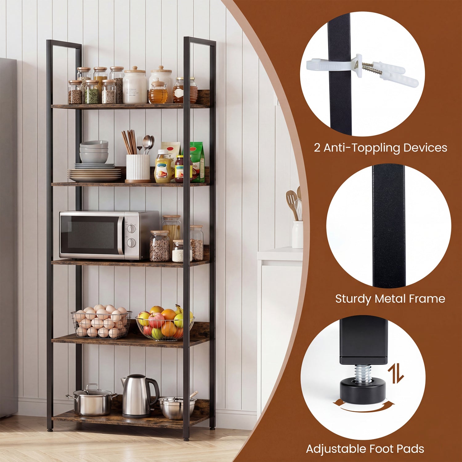 5-Tier Tall Wooden Bookcase with Back Panels, Rustic Brown Bookcases at Gallery Canada