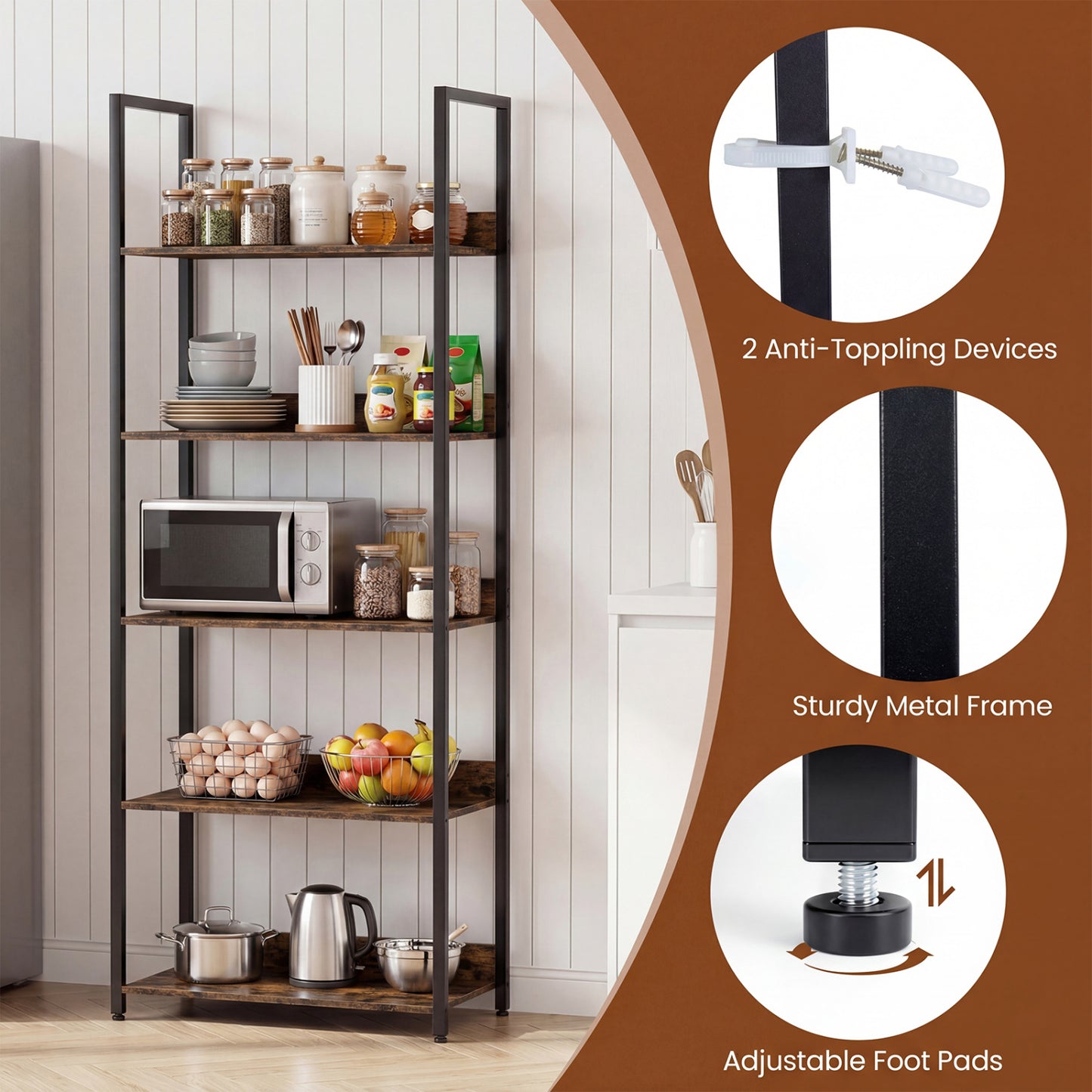 5-Tier Tall Wooden Bookcase with Back Panels, Rustic Brown Bookcases at Gallery Canada