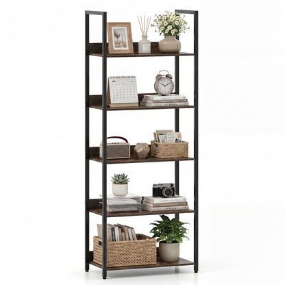 5-Tier Tall Wooden Bookcase with Back Panels, Rustic Brown Bookcases at Gallery Canada
